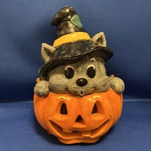 Vintage Halloween Chalkware Sculpture Mouse On Carved Pumpkin Fall Decor 8x6"